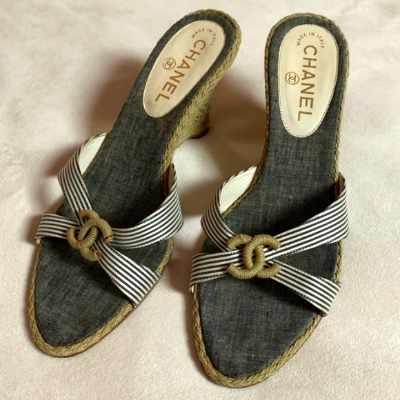 CHANEL Wedge Espadrille Sandals Size 38.5 - Picture 2 of 8